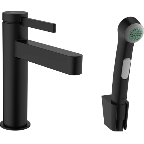 Купить купить смеситель для раковины со сливным гарнитуром и гигиеническим душем, finoris hansgrohe, 76210670 цвет: черный