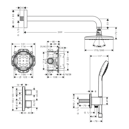 Купить купить душевая система скрытого монтажа с термостатом, croma e hansgrohe, 27953000 цвет: хром