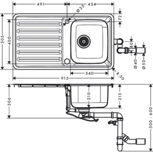 Купить купить раковина для кухни, врезная с левым крылом, s41 hansgrohe, 43337800 цвет: нержавеющая сталь