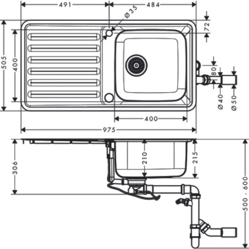 Купить купить раковина для кухни, врезная с левым крылом, s41 hansgrohe, 43338800 цвет: нержавеющая сталь