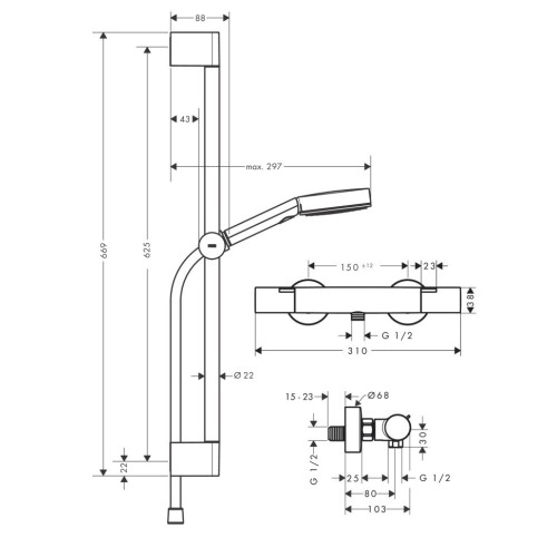 Купить купить термостатический смеситель для душа relaxation с термостатом fine и душевой штангой 65см, pulsify select s hansgrohe, 24262000 цвет: хром