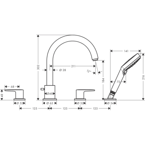 Купить купить смеситель на край ванны на 4 отверстия, vernis blend hansgrohe, 71456000 цвет: хром