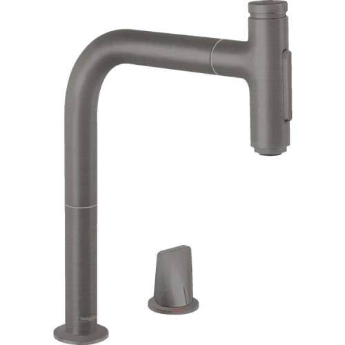 Купить купить смеситель для кухни, на 2 отверстия, с вытяжным душем, шлифованный, metris select m71 hansgrohe, 73818340 цвет: черный