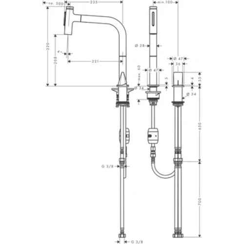 Купить купить смеситель для кухни, на 2 отверстия, с вытяжным изливом, metris select m71 hansgrohe, 73819800 цвет: нержавеющая сталь