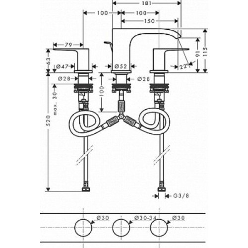Купить купить смеситель для раковины на 3 отверстия со сливным гарнитуром, vivenis hansgrohe, 75033000 цвет: хром
