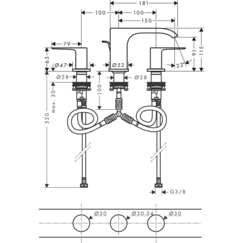 Купить купить смеситель для раковины на 3 отверстия со сливным гарнитуром, vivenis hansgrohe, 75033670 цвет: черный